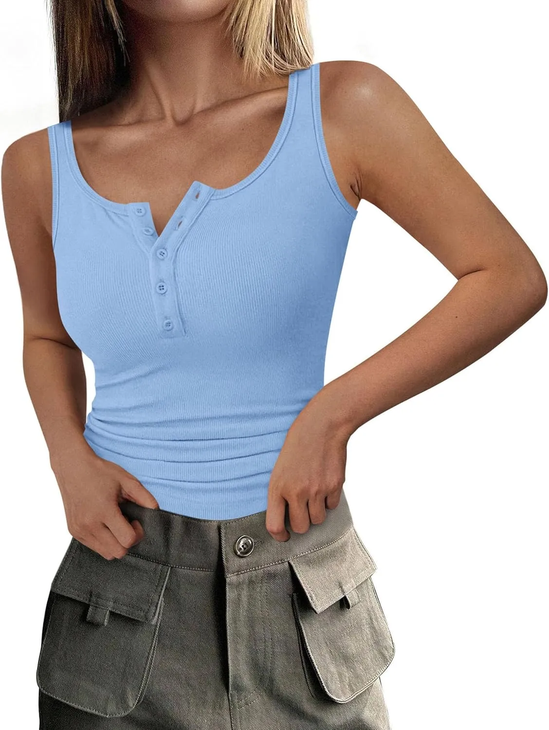 PRETTYGARDEN Womens 2025 Summer Tank Tops Ribbed Knit Slim Fit Sleeveless Henley Shirts Casual Basic Button Up Blouse