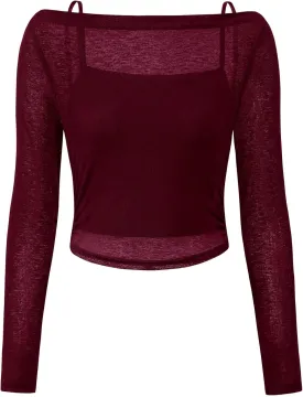 PRETTYGARDEN Women's Long Sleeve Sheer Crop Tops Boat Neck See Through Cover Up with Spaghetti Strap Camisole 2 Piece Blouses