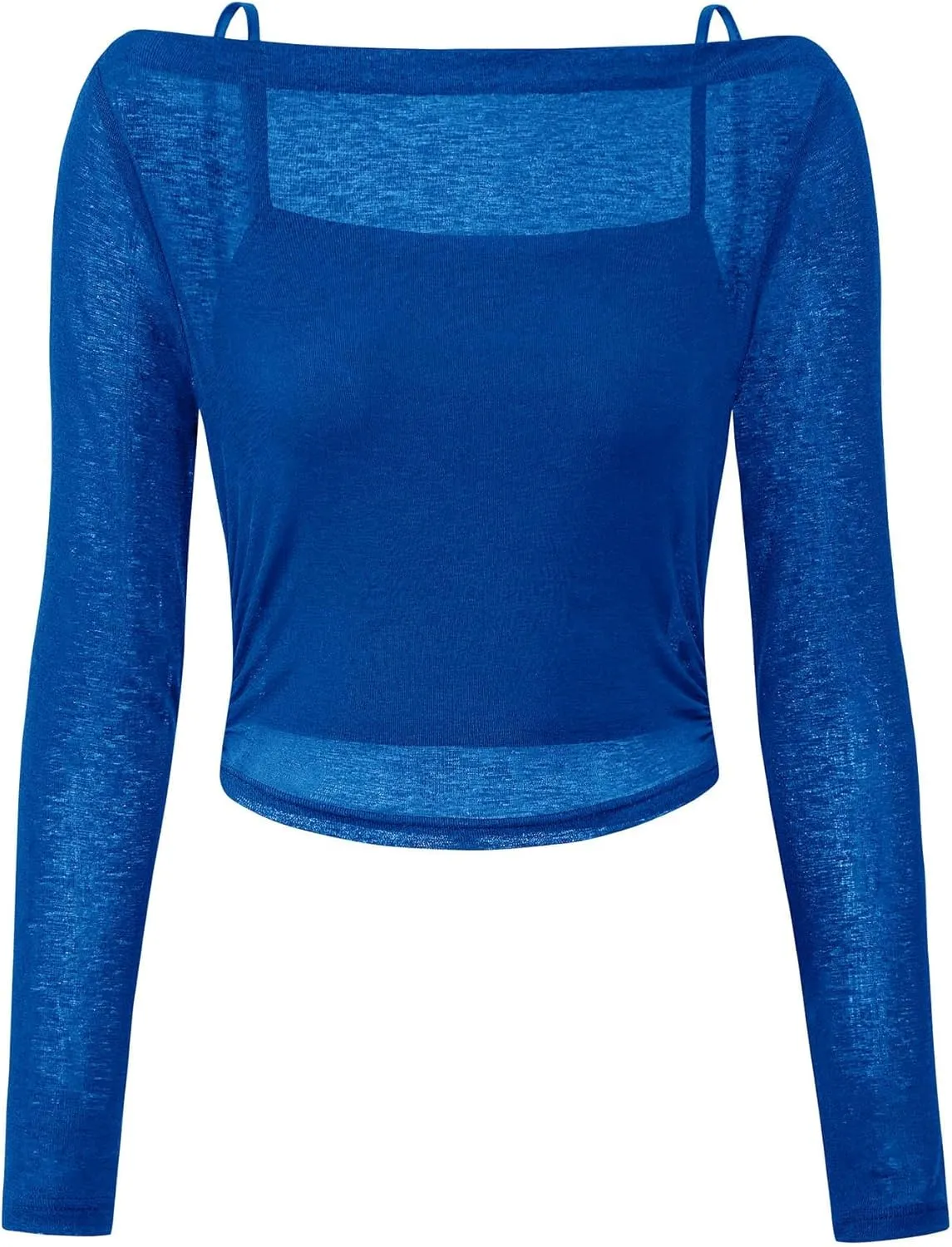 PRETTYGARDEN Women's Long Sleeve Sheer Crop Tops Boat Neck See Through Cover Up with Spaghetti Strap Camisole 2 Piece Blouses