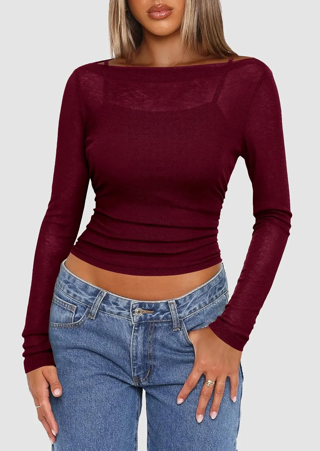 PRETTYGARDEN Women's Long Sleeve Sheer Crop Tops Boat Neck See Through Cover Up with Spaghetti Strap Camisole 2 Piece Blouses