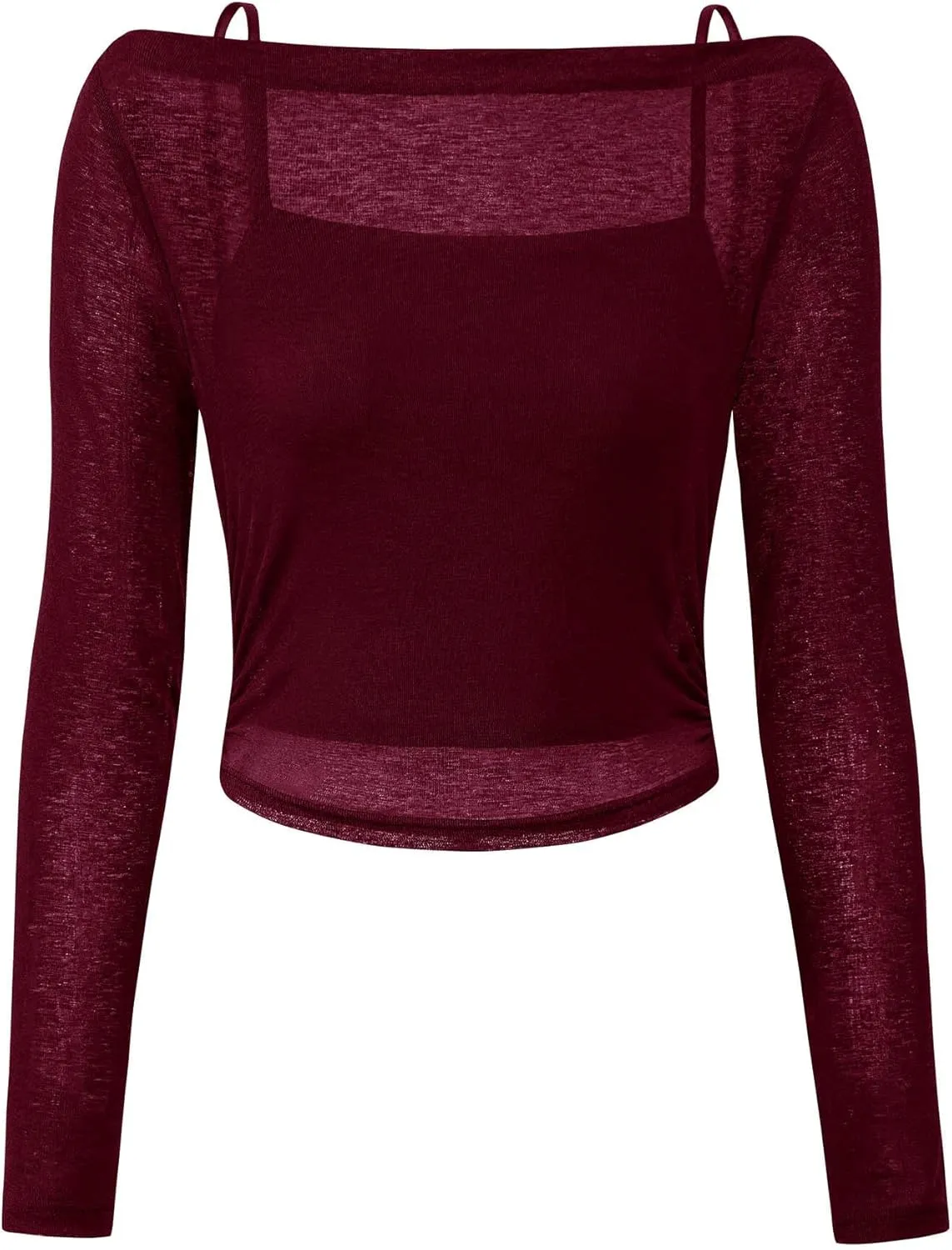 PRETTYGARDEN Women's Long Sleeve Sheer Crop Tops Boat Neck See Through Cover Up with Spaghetti Strap Camisole 2 Piece Blouses