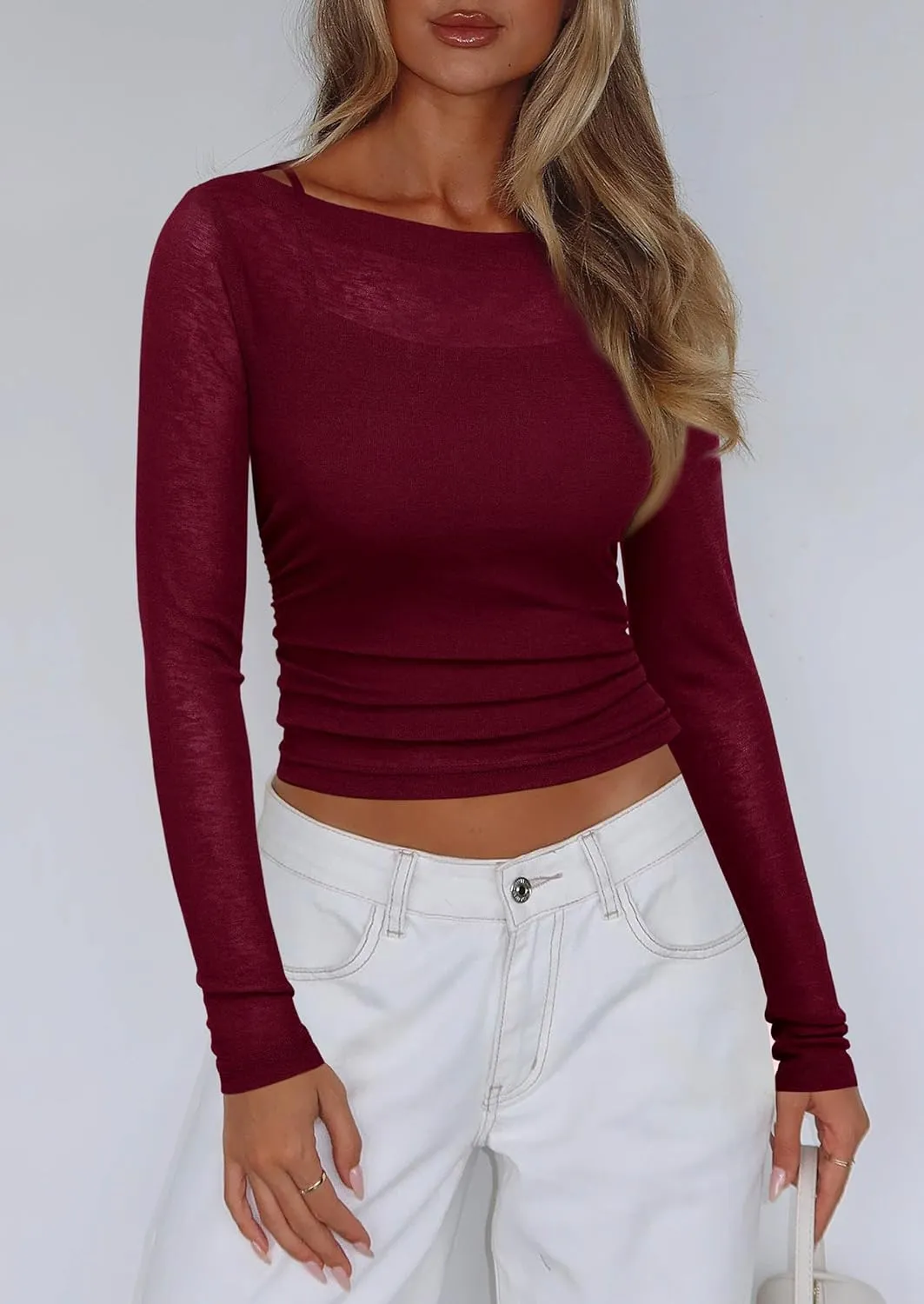 PRETTYGARDEN Women's Long Sleeve Sheer Crop Tops Boat Neck See Through Cover Up with Spaghetti Strap Camisole 2 Piece Blouses