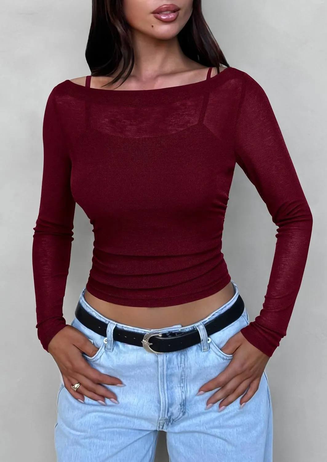 PRETTYGARDEN Women's Long Sleeve Sheer Crop Tops Boat Neck See Through Cover Up with Spaghetti Strap Camisole 2 Piece Blouses