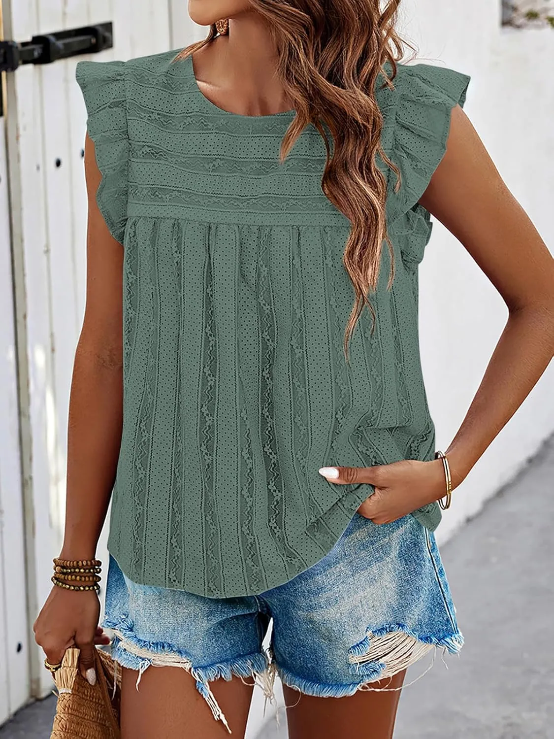 PRETTYGARDEN Women's Summer Cute Tank Top Crewneck Ruffle Sleeveless Hollow Out Eyelet Lace Spring Blouse Shirts