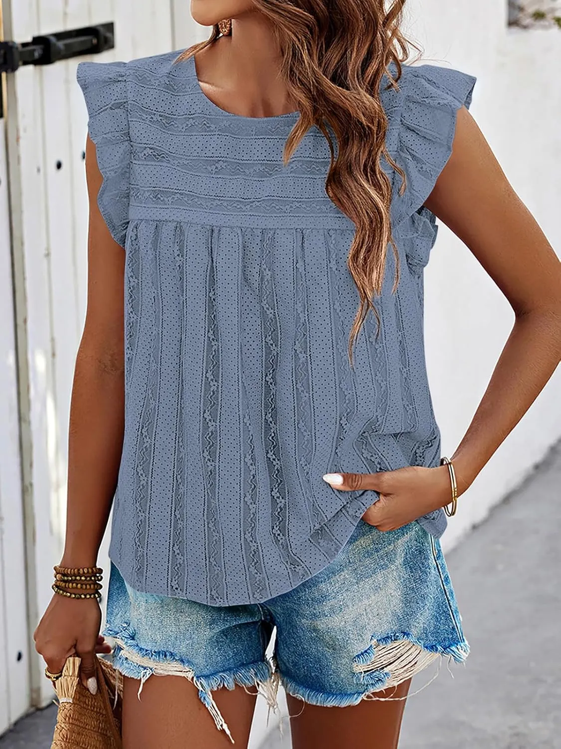 PRETTYGARDEN Women's Summer Cute Tank Top Crewneck Ruffle Sleeveless Hollow Out Eyelet Lace Spring Blouse Shirts
