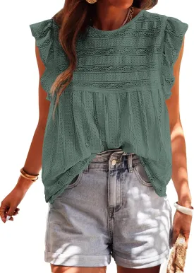 PRETTYGARDEN Women's Summer Cute Tank Top Crewneck Ruffle Sleeveless Hollow Out Eyelet Lace Spring Blouse Shirts