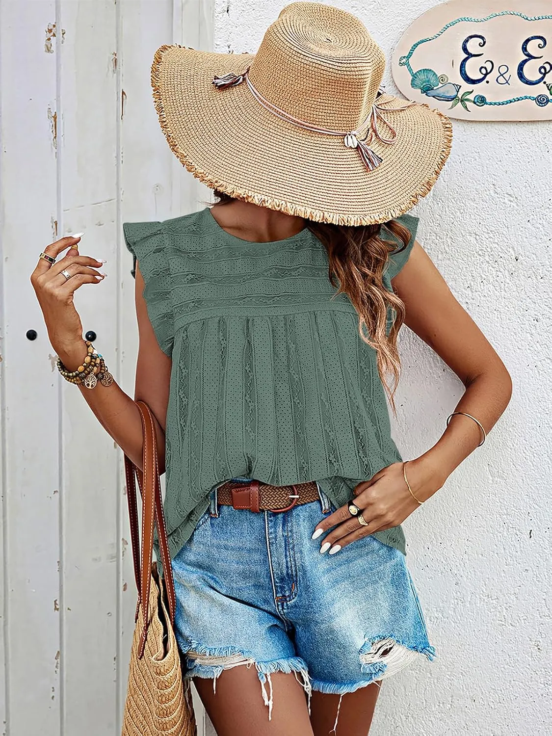 PRETTYGARDEN Women's Summer Cute Tank Top Crewneck Ruffle Sleeveless Hollow Out Eyelet Lace Spring Blouse Shirts
