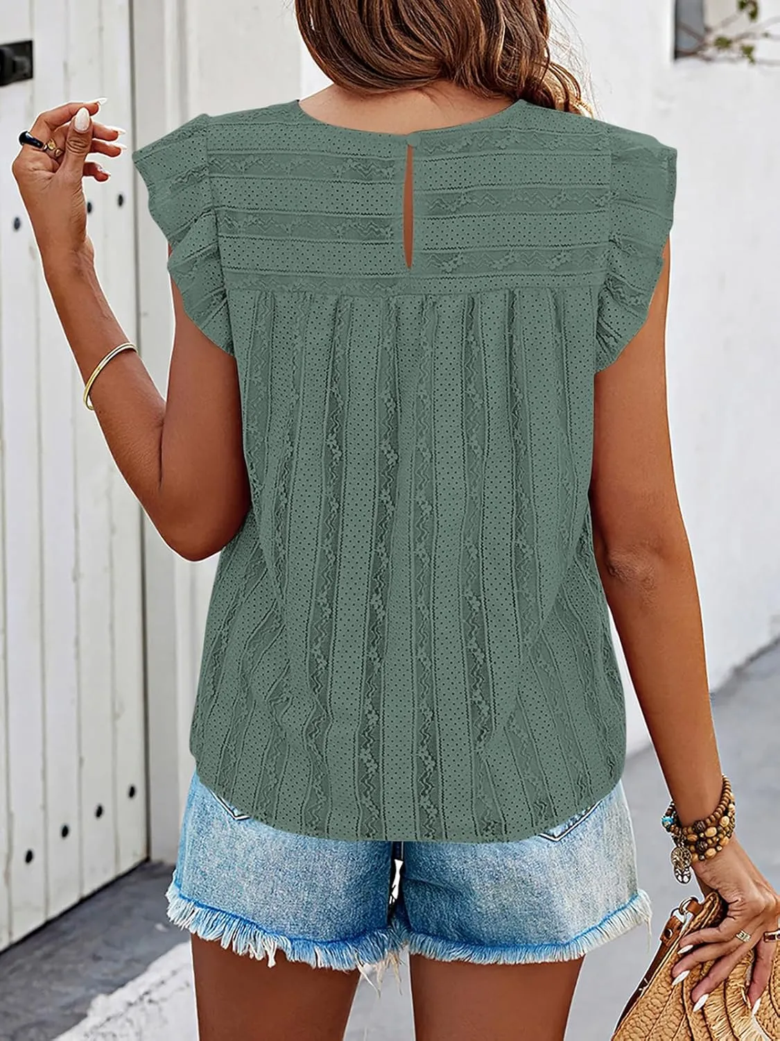 PRETTYGARDEN Women's Summer Cute Tank Top Crewneck Ruffle Sleeveless Hollow Out Eyelet Lace Spring Blouse Shirts