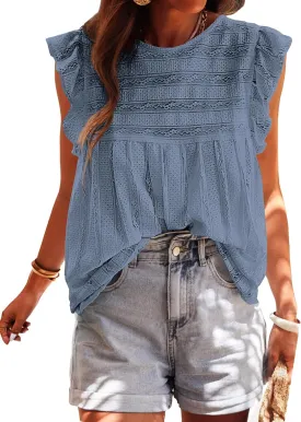 PRETTYGARDEN Women's Summer Cute Tank Top Crewneck Ruffle Sleeveless Hollow Out Eyelet Lace Spring Blouse Shirts