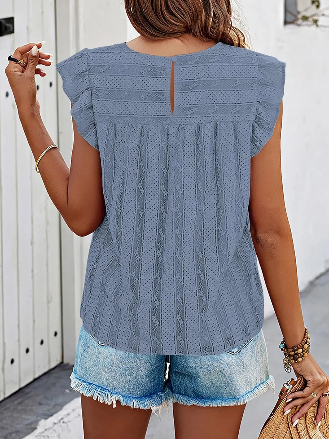 PRETTYGARDEN Women's Summer Cute Tank Top Crewneck Ruffle Sleeveless Hollow Out Eyelet Lace Spring Blouse Shirts