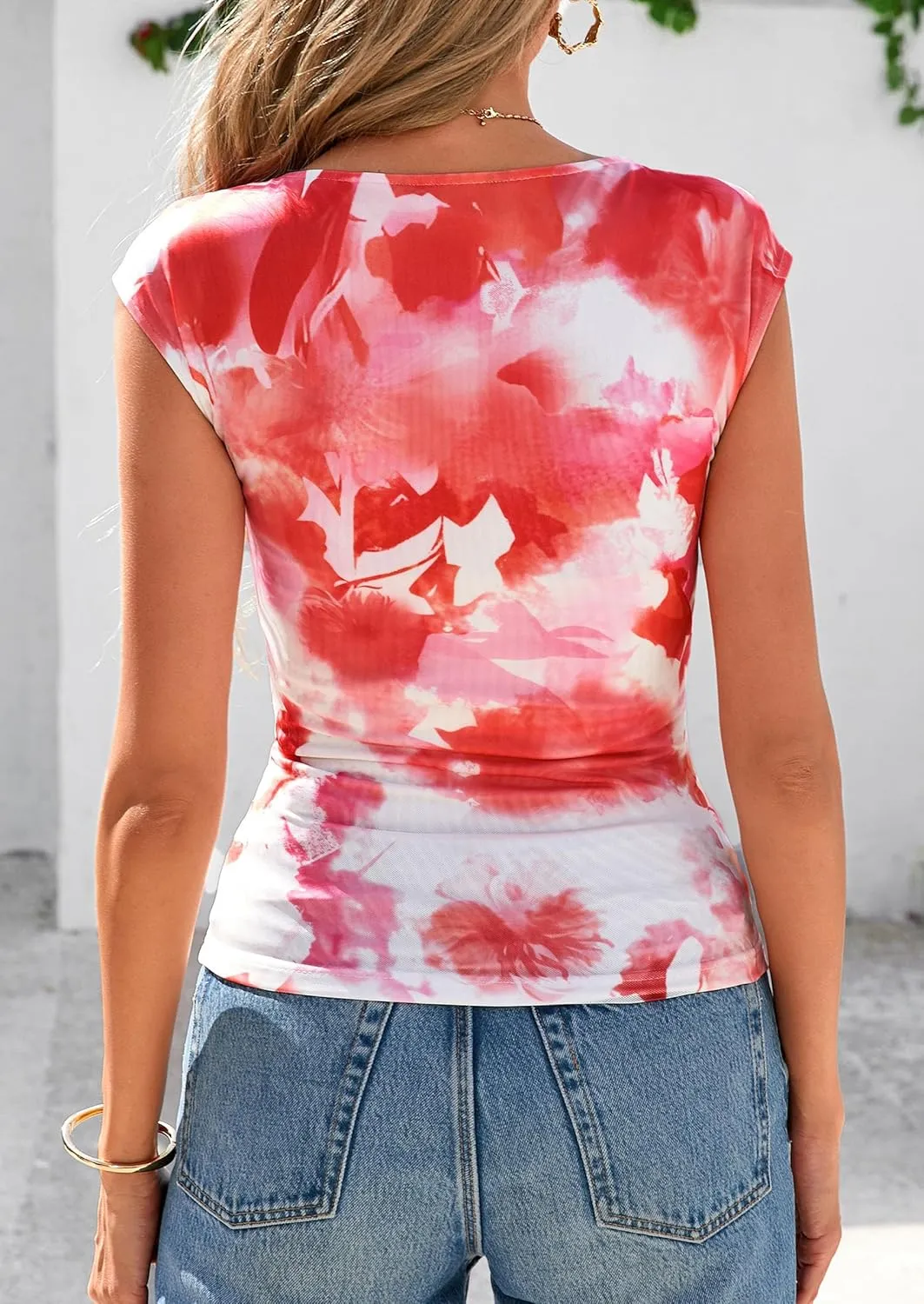 PRETTYGARDEN Women's Summer Floral Mesh Tank Tops 2025 Trendy Casual Cap Sleeve Slim Fitted Blouse Shirt Going Out Outfits