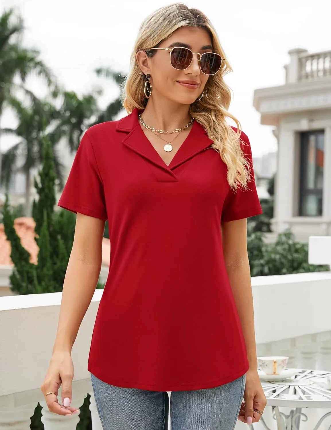 Rapbin Women's Polo Shirts Lapel Collar V Neck Short Sleeve Blouse Dressy Casual Tunic Tops