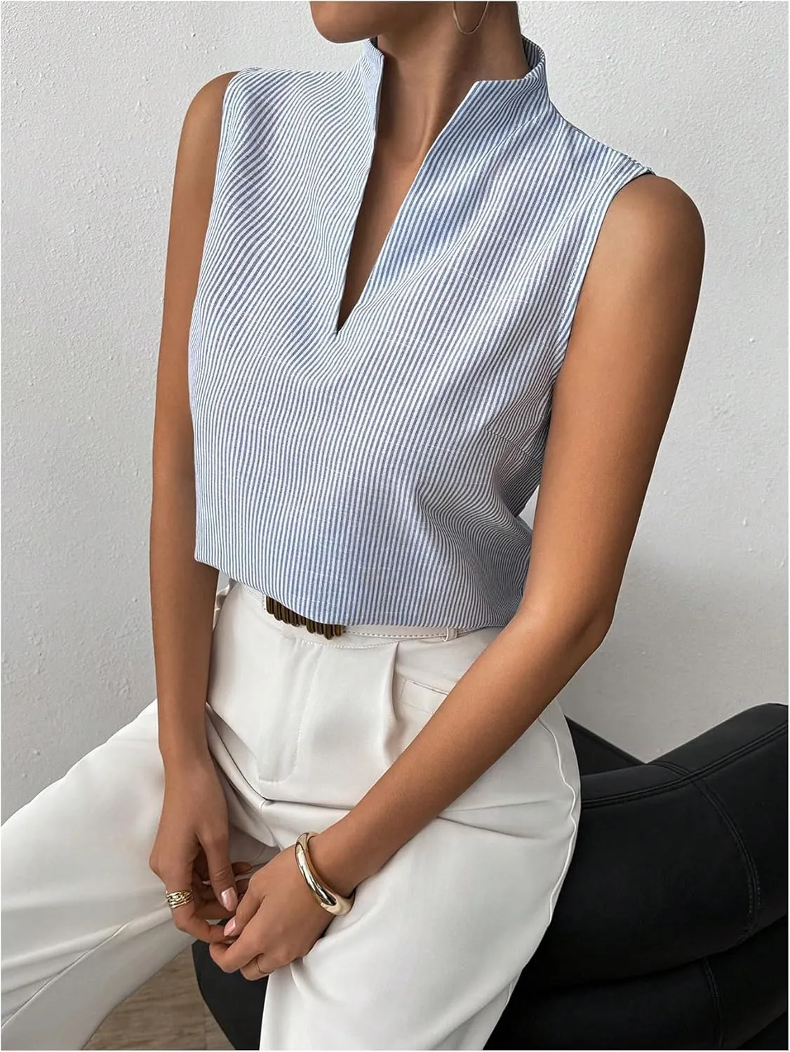 SOLY HUX Women's Work Outfits V Neck Sleeveless Blouses Summer Casual Tank Tops Business Office Dressy Striped Shirts