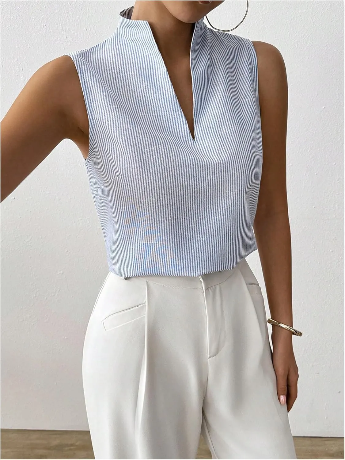 SOLY HUX Women's Work Outfits V Neck Sleeveless Blouses Summer Casual Tank Tops Business Office Dressy Striped Shirts