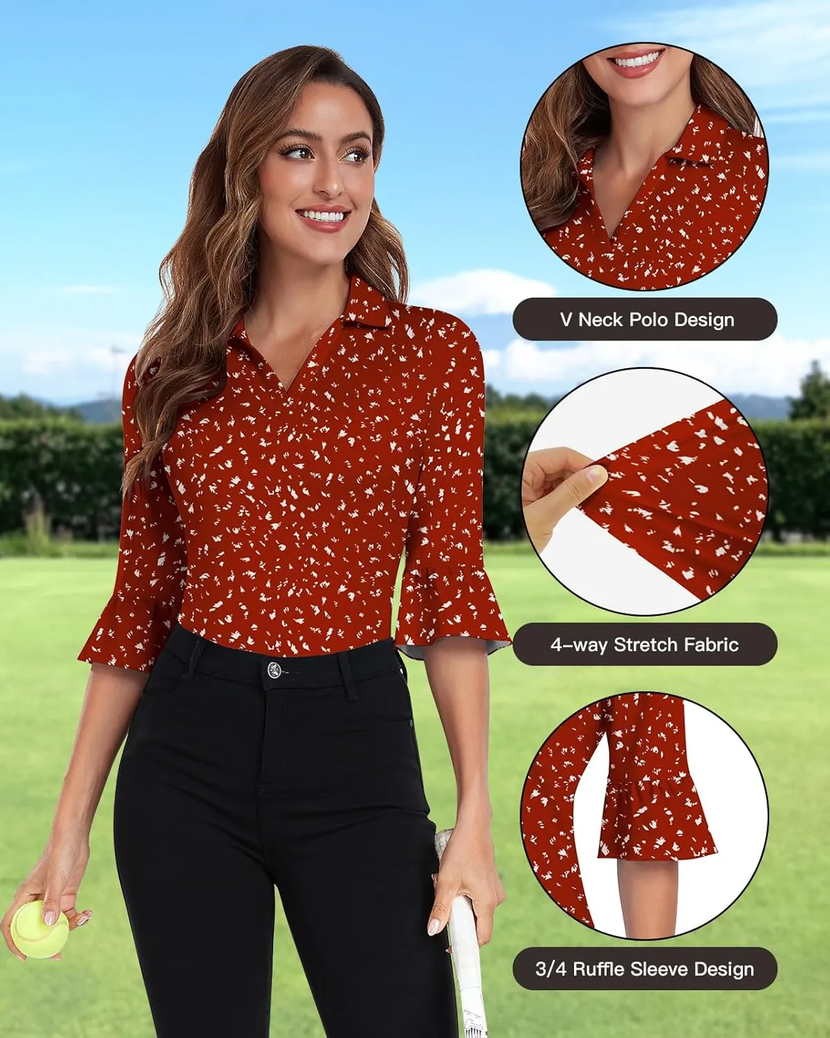 Soneven Women's 3/4 Sleeve Golf Polo Shirts V Neck Ruffle Sleeve Dressy Tops Casual Work Tunic Blouses