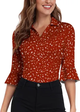 Soneven Women's 3/4 Sleeve Golf Polo Shirts V Neck Ruffle Sleeve Dressy Tops Casual Work Tunic Blouses