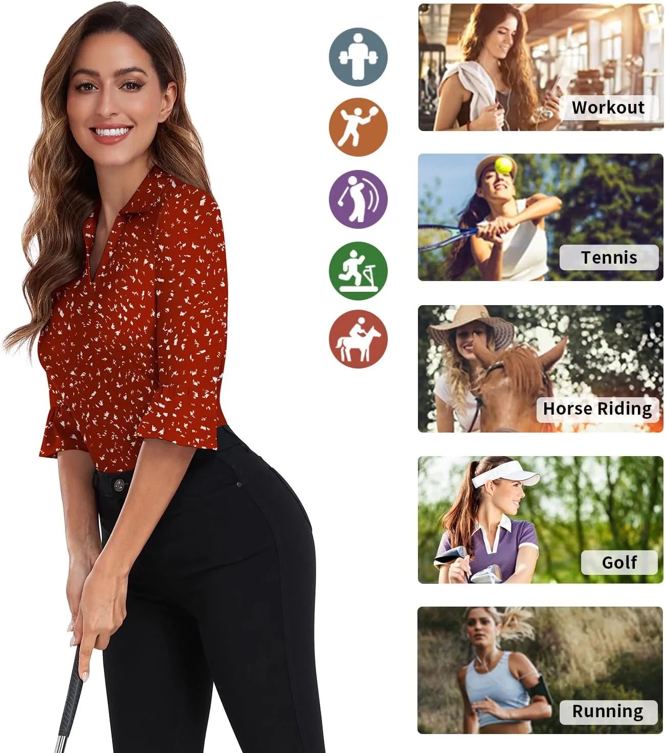Soneven Women's 3/4 Sleeve Golf Polo Shirts V Neck Ruffle Sleeve Dressy Tops Casual Work Tunic Blouses
