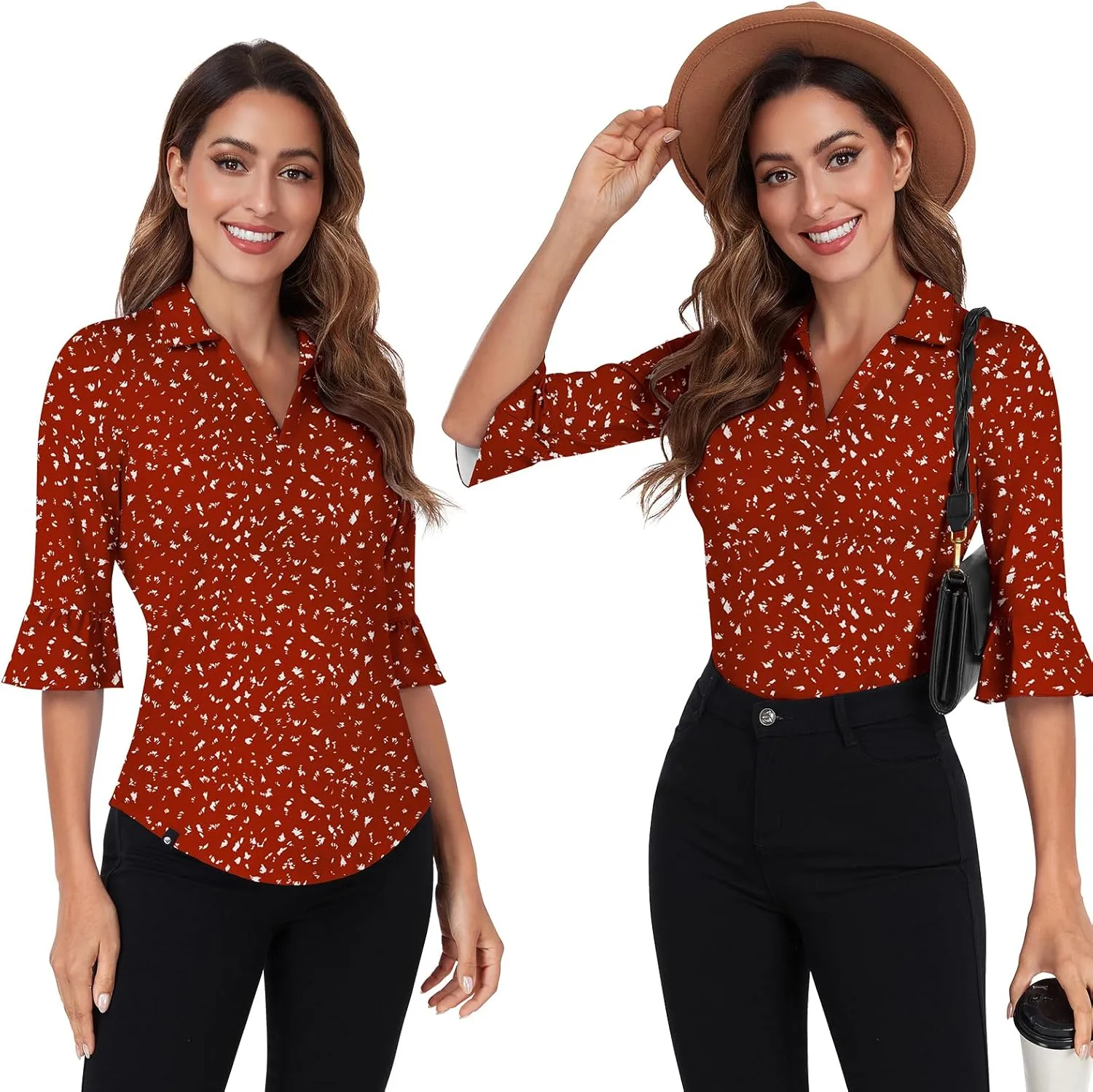 Soneven Women's 3/4 Sleeve Golf Polo Shirts V Neck Ruffle Sleeve Dressy Tops Casual Work Tunic Blouses