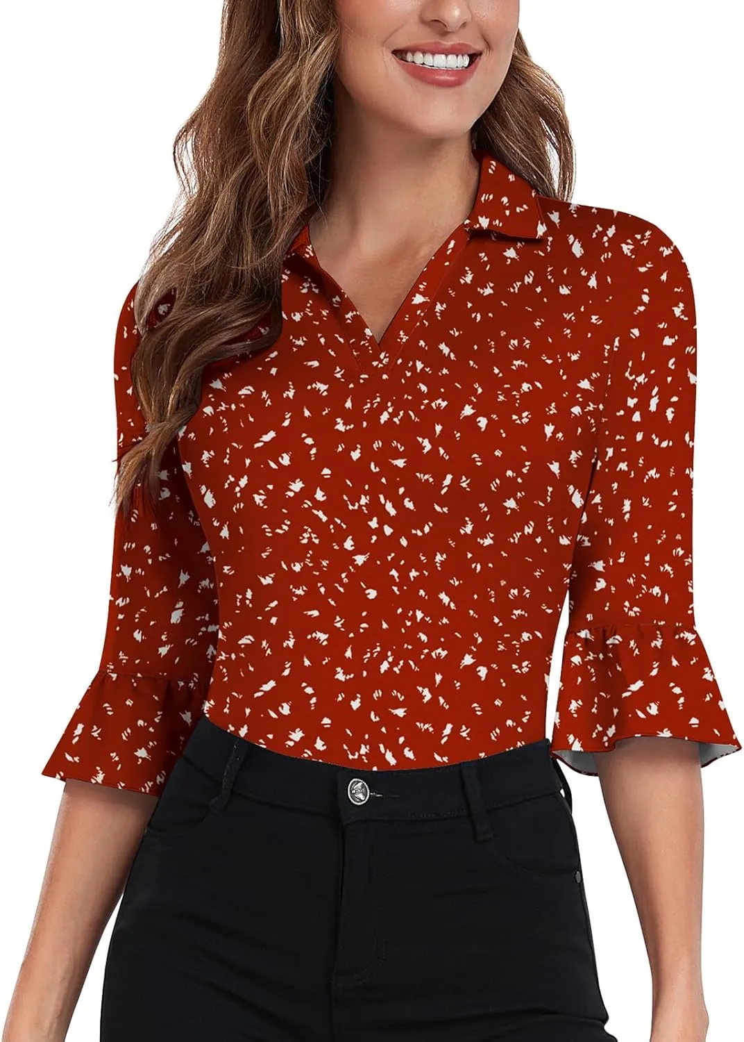 Soneven Women's 3/4 Sleeve Golf Polo Shirts V Neck Ruffle Sleeve Dressy Tops Casual Work Tunic Blouses