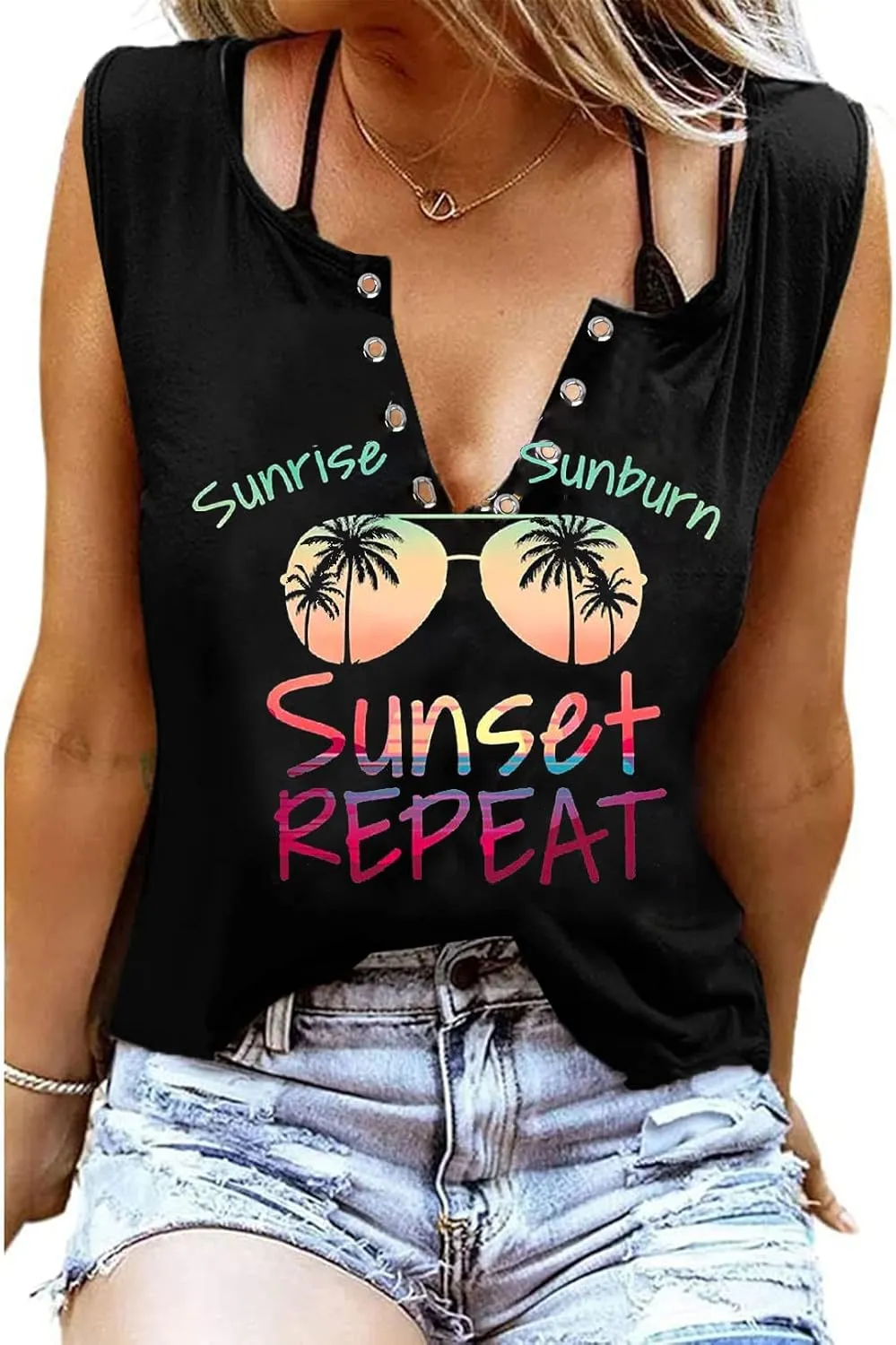 Sunrise Sunburn Sunset Repeat Beach Sleeveless T Shirt Tank Tops Holiday Graphic Women Summer Hawaiian Vacation Top Tees