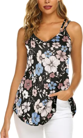 Supnier Women's Casual Summer Spaghetti Strap Tank Tops Floral Print Sleeveless V Neck Strappy Shirts
