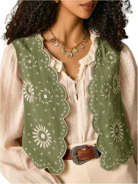 SweatyRocks Women's Casual Vest Cardigan Vintage Floral Embroidered Boho Jackets Linen