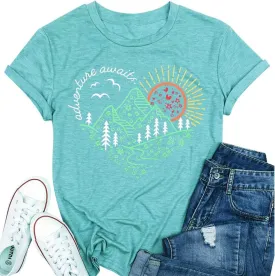 T&Twenties Women Adventure Awaits Mountain T Shirt Summer Camper Hiking Printed Hike Mountain Tree Graphic Travel Tee Shirt