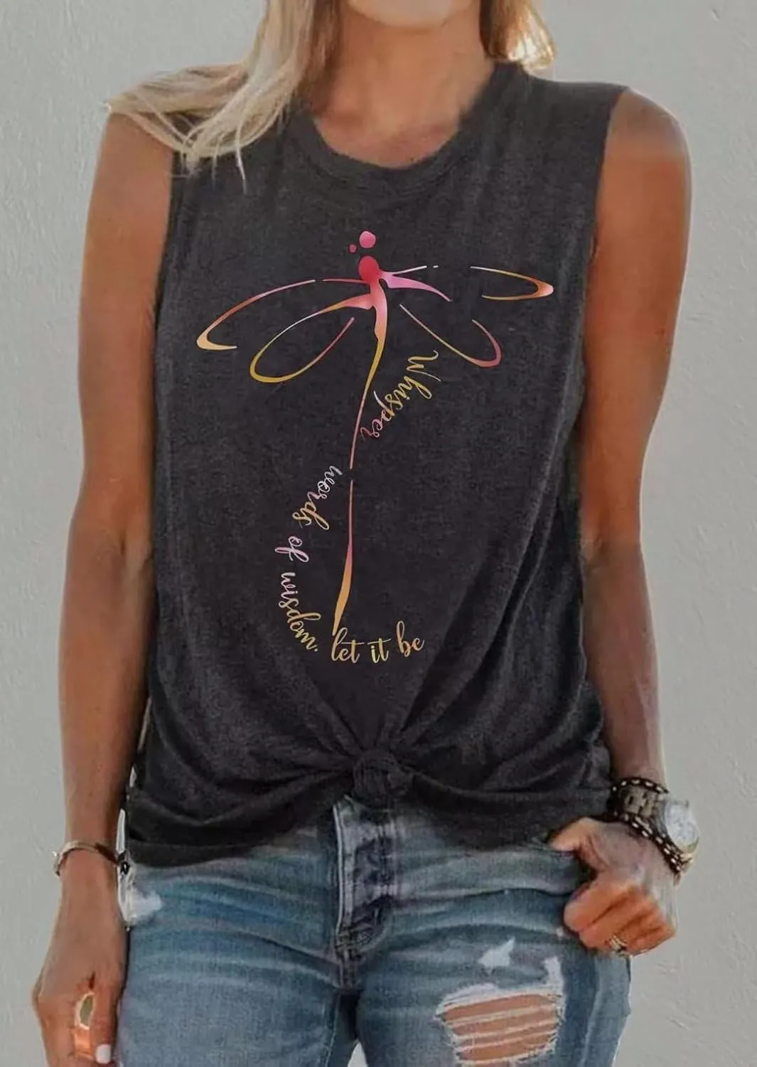 Whisper Words of Wisdom Let it be Tank Tops Women Cute Dragonfly Graphic Tank Shirt with Funny Sayings Sleeveless Tops