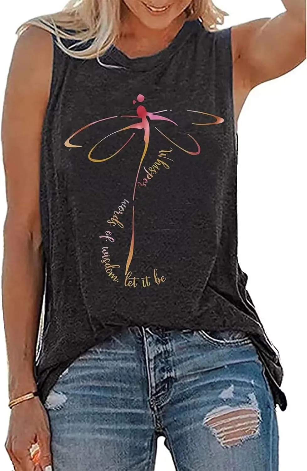 Whisper Words of Wisdom Let it be Tank Tops Women Cute Dragonfly Graphic Tank Shirt with Funny Sayings Sleeveless Tops