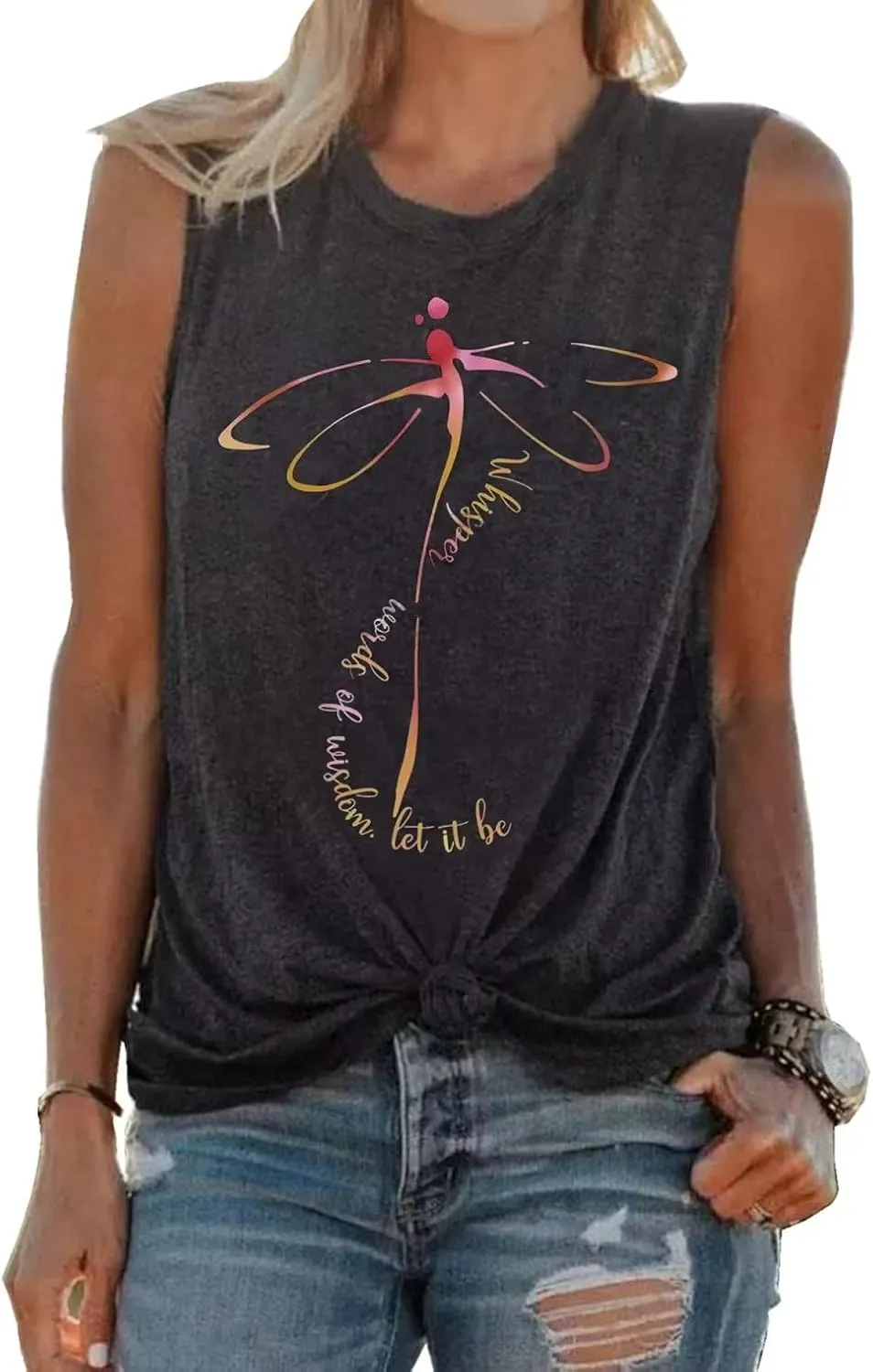 Whisper Words of Wisdom Let it be Tank Tops Women Cute Dragonfly Graphic Tank Shirt with Funny Sayings Sleeveless Tops