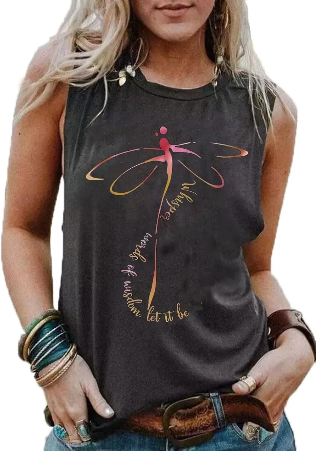 Whisper Words of Wisdom Let it be Tank Tops Women Cute Dragonfly Graphic Tank Shirt with Funny Sayings Sleeveless Tops