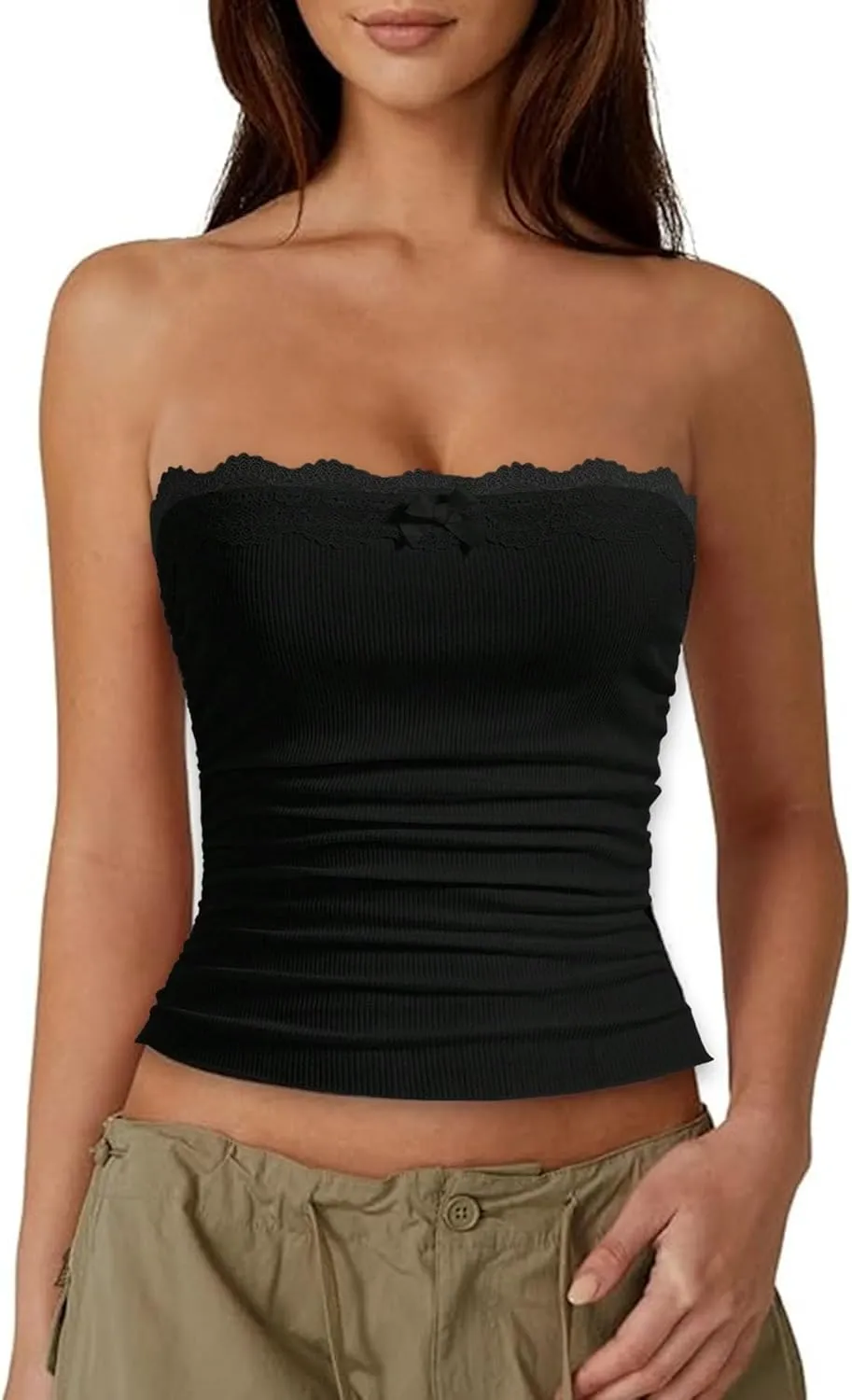 Women Lace Trim Tube Top Strapless Ribbed Ruched Bandeau Y2k Summer Going Out Crop Tops Black