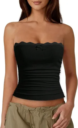 Women Lace Trim Tube Top Strapless Ribbed Ruched Bandeau Y2k Summer Going Out Crop Tops Black