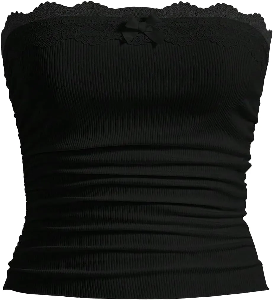 Women Lace Trim Tube Top Strapless Ribbed Ruched Bandeau Y2k Summer Going Out Crop Tops Black