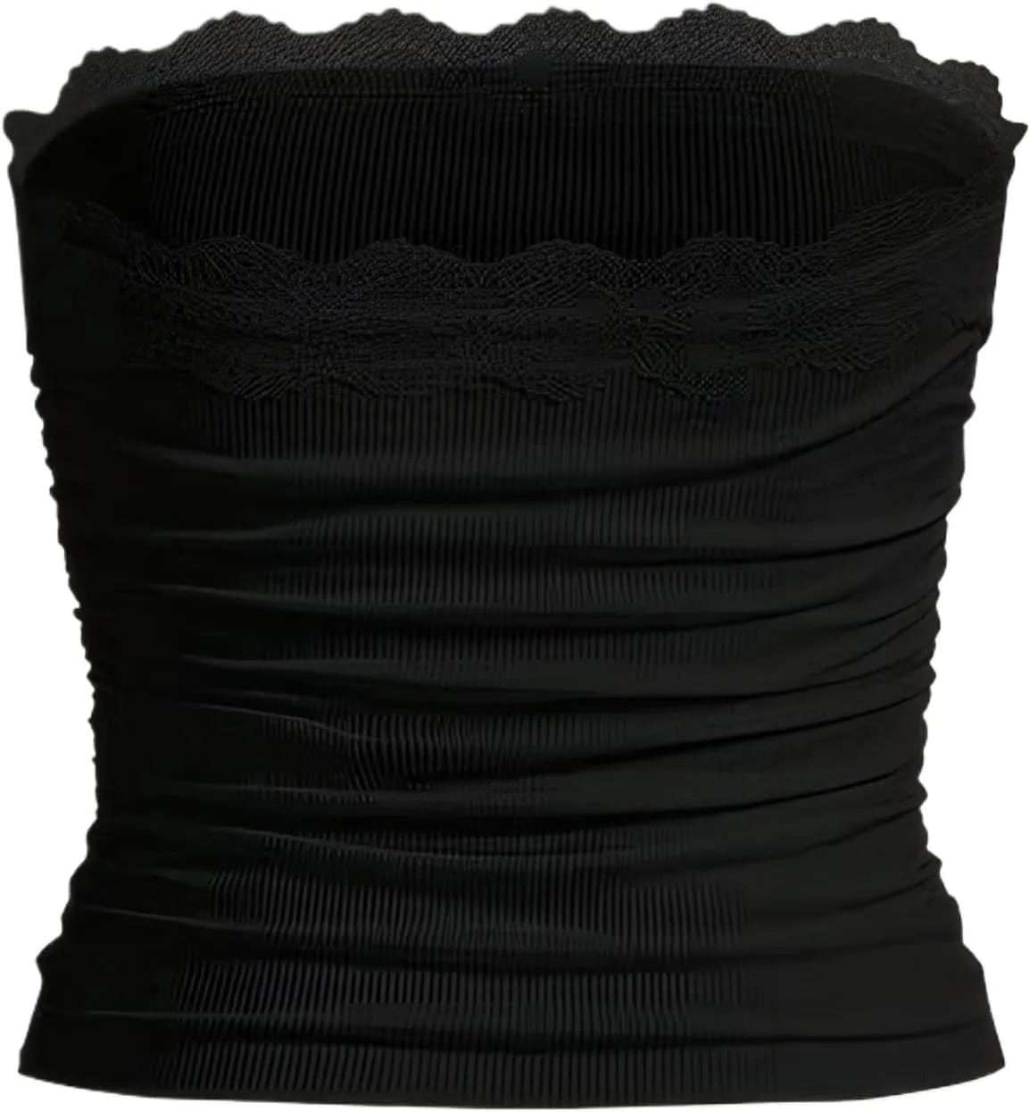 Women Lace Trim Tube Top Strapless Ribbed Ruched Bandeau Y2k Summer Going Out Crop Tops Black