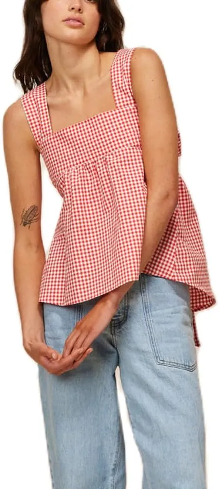 Women Y2k Going Out Tank Tops Gingham Square Neck Peplum Cami Tank Sleeveless Backless Shirt Bowtie Blouse Summer