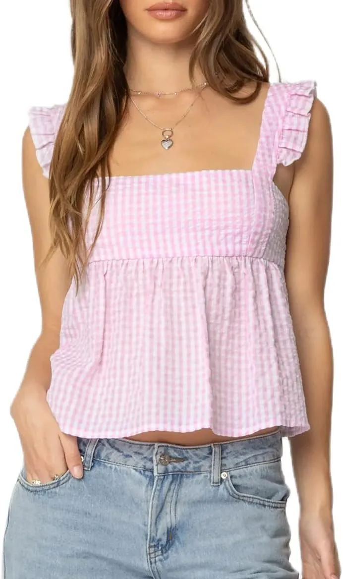 Women Y2k Going Out Tank Tops Gingham Square Neck Peplum Cami Tank Sleeveless Backless Shirt Bowtie Blouse Summer