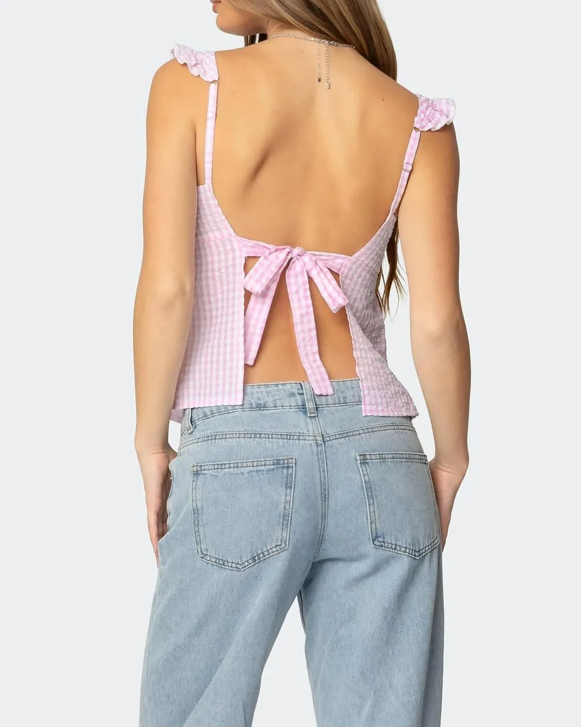 Women Y2k Going Out Tank Tops Gingham Square Neck Peplum Cami Tank Sleeveless Backless Shirt Bowtie Blouse Summer