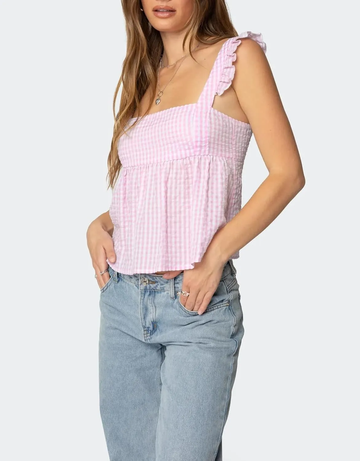 Women Y2k Going Out Tank Tops Gingham Square Neck Peplum Cami Tank Sleeveless Backless Shirt Bowtie Blouse Summer