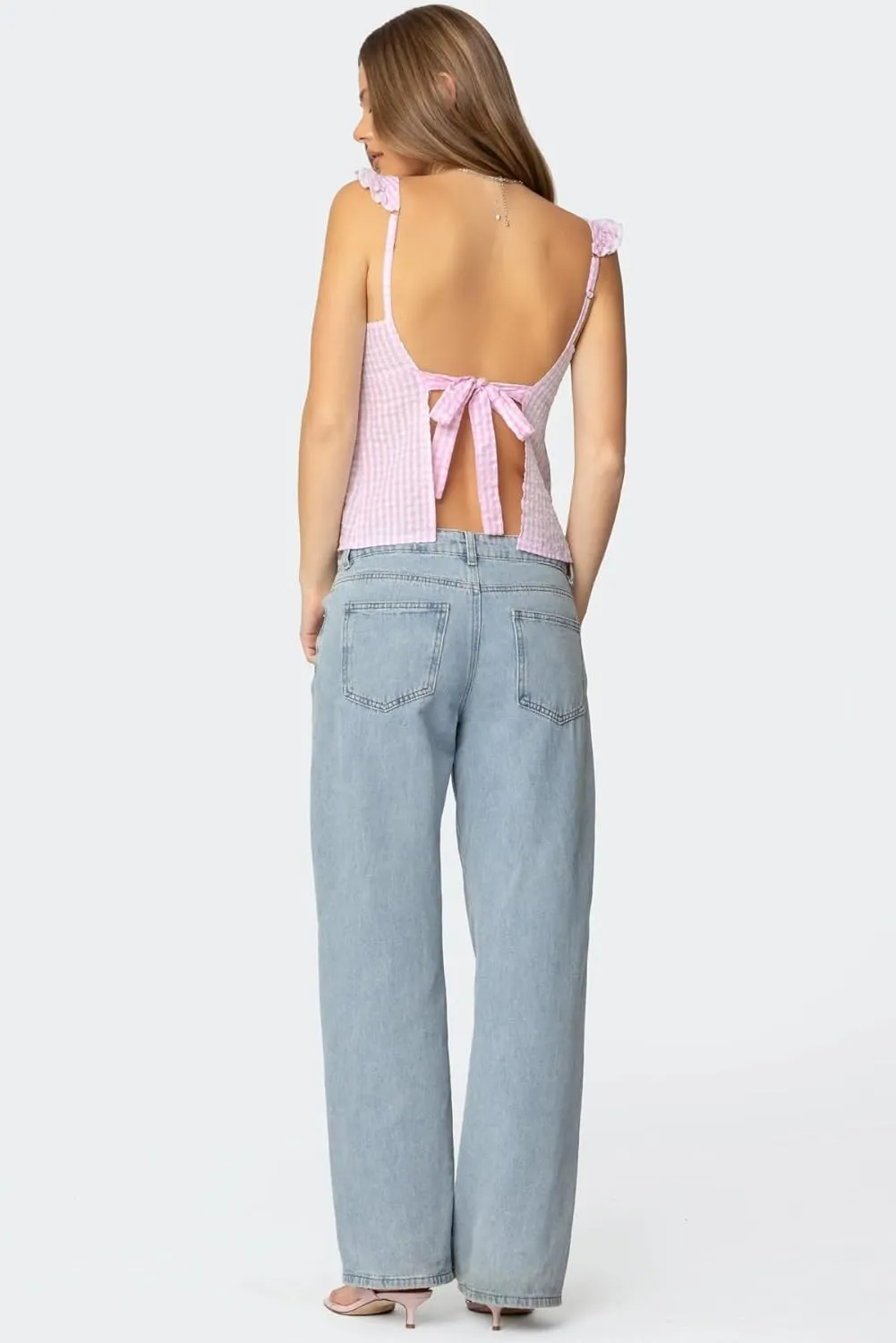 Women Y2k Going Out Tank Tops Gingham Square Neck Peplum Cami Tank Sleeveless Backless Shirt Bowtie Blouse Summer