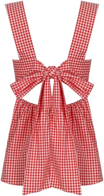 Women Y2k Going Out Tank Tops Gingham Square Neck Peplum Cami Tank Sleeveless Backless Shirt Bowtie Blouse Summer