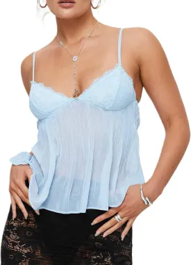 Women Y2K Lace Trim Babydoll Cami Top Summer Neck Spaghetti Strap Sleeveless Backless Peplum Crop Tops