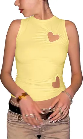 Women Y2k Love Heart Cut Out Ruched Crop Tank Tops Tight Fitted Crewneck Asymmetrical Vest Clean Girls Coquette