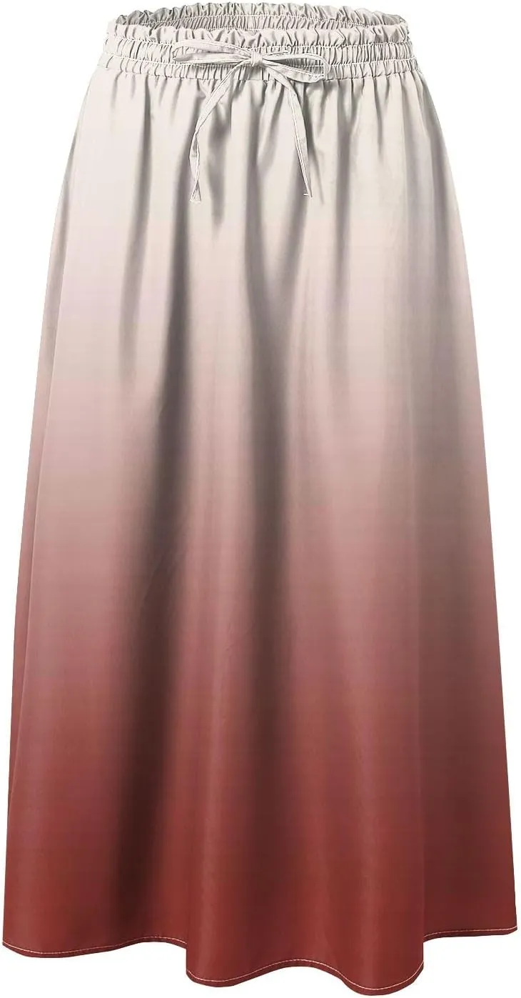 Women's Boho Floral Print Elastic High Waist A Line Flowy Swing Elegant Midi Skirt