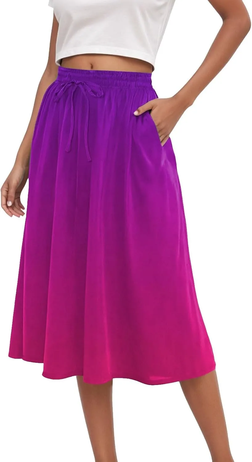 Women's Boho Floral Print Elastic High Waist A Line Flowy Swing Elegant Midi Skirt