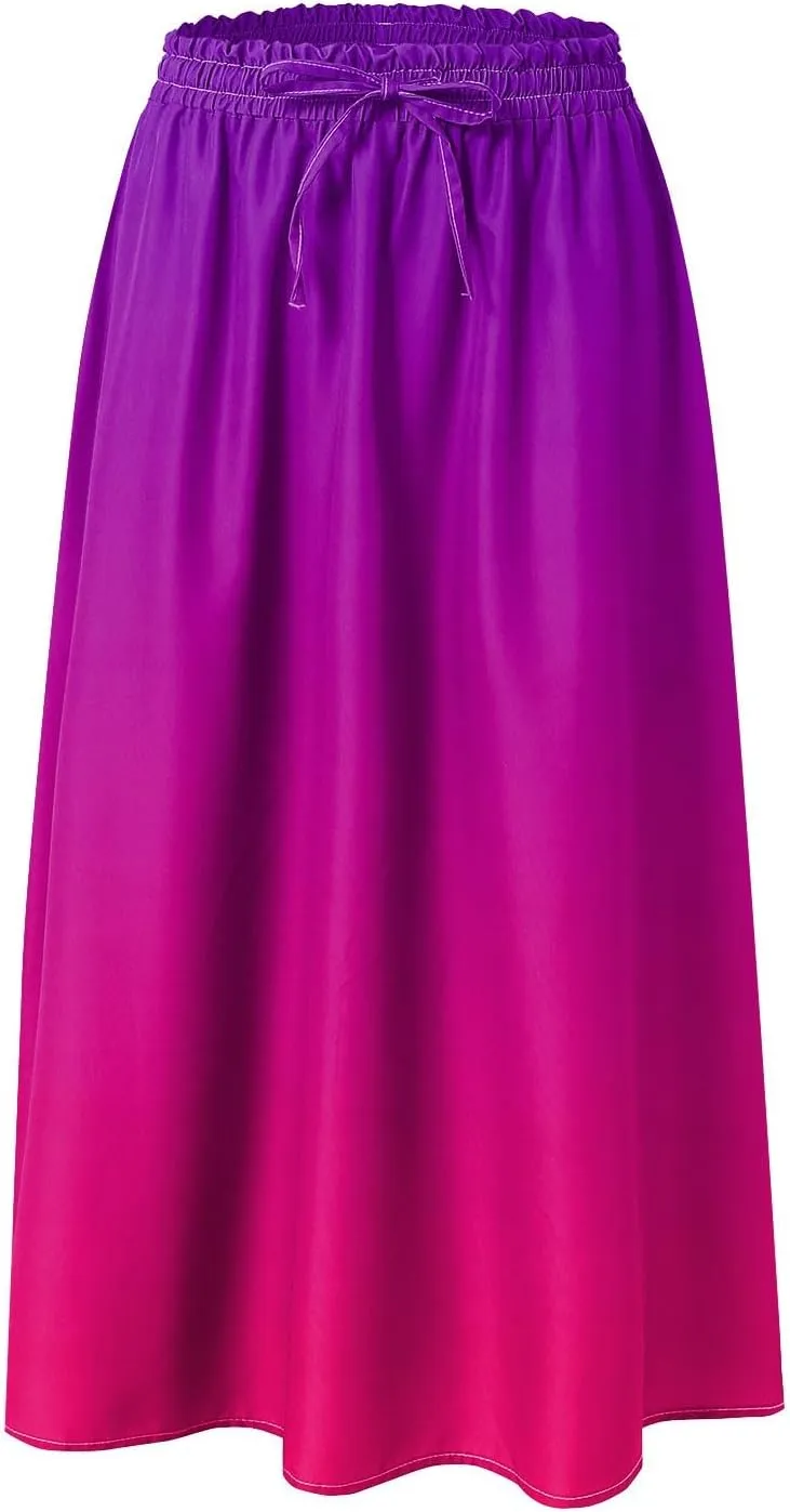 Women's Boho Floral Print Elastic High Waist A Line Flowy Swing Elegant Midi Skirt
