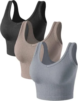 Womens Crop Tops Basic Sleeveless Both V-Neck and Round Neck 3 Pieces Black White Ribbed Seamless Casual Cami Tank Tops