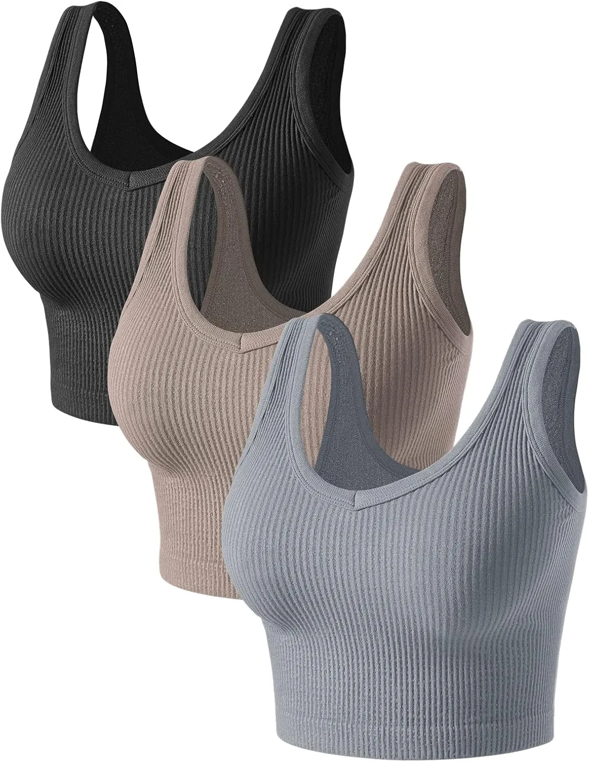 Womens Crop Tops Basic Sleeveless Both V-Neck and Round Neck 3 Pieces Black White Ribbed Seamless Casual Cami Tank Tops