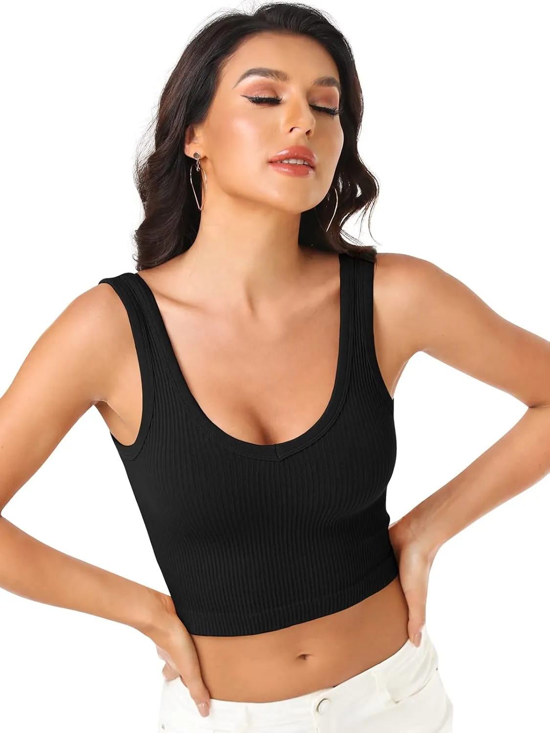 Womens Crop Tops Basic Sleeveless Both V-Neck and Round Neck 3 Pieces Black White Ribbed Seamless Casual Cami Tank Tops