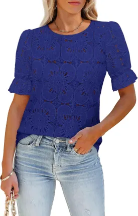 Women's Eyelet Tops Puff Short Sleeve Blouses Dressy Casual Cute Hollow Out Crochet Lace Embroidered Summer Shirts